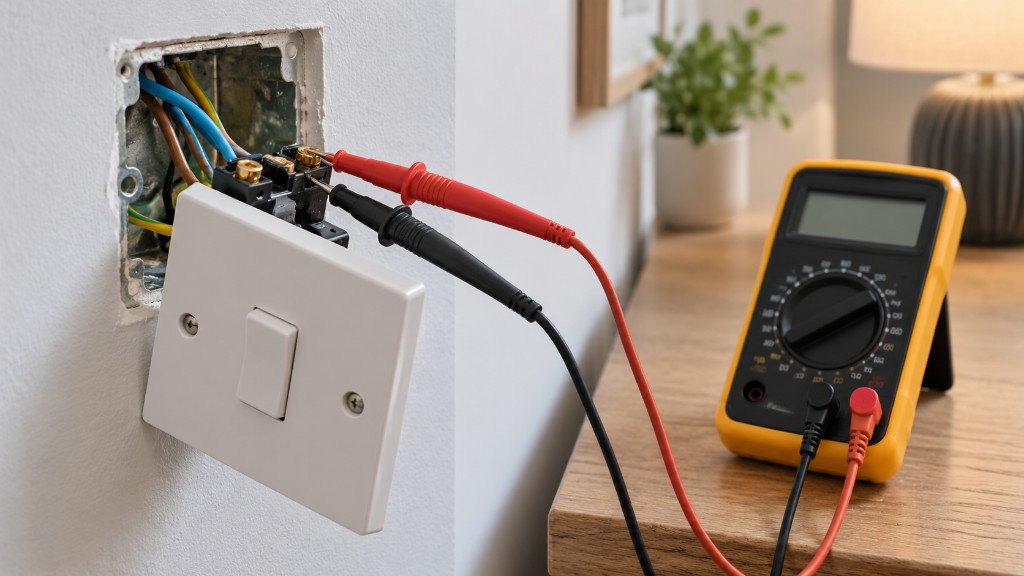 Electrical repair testing on a light switch using a multimeter